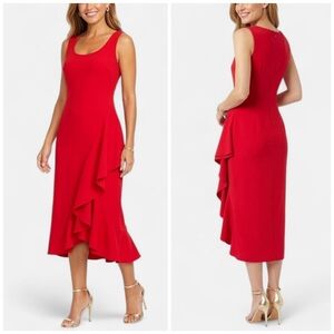 Badgley Mischka Formal Red Midi Dress Sleeveless Size 10 Womens Ruffles Lined